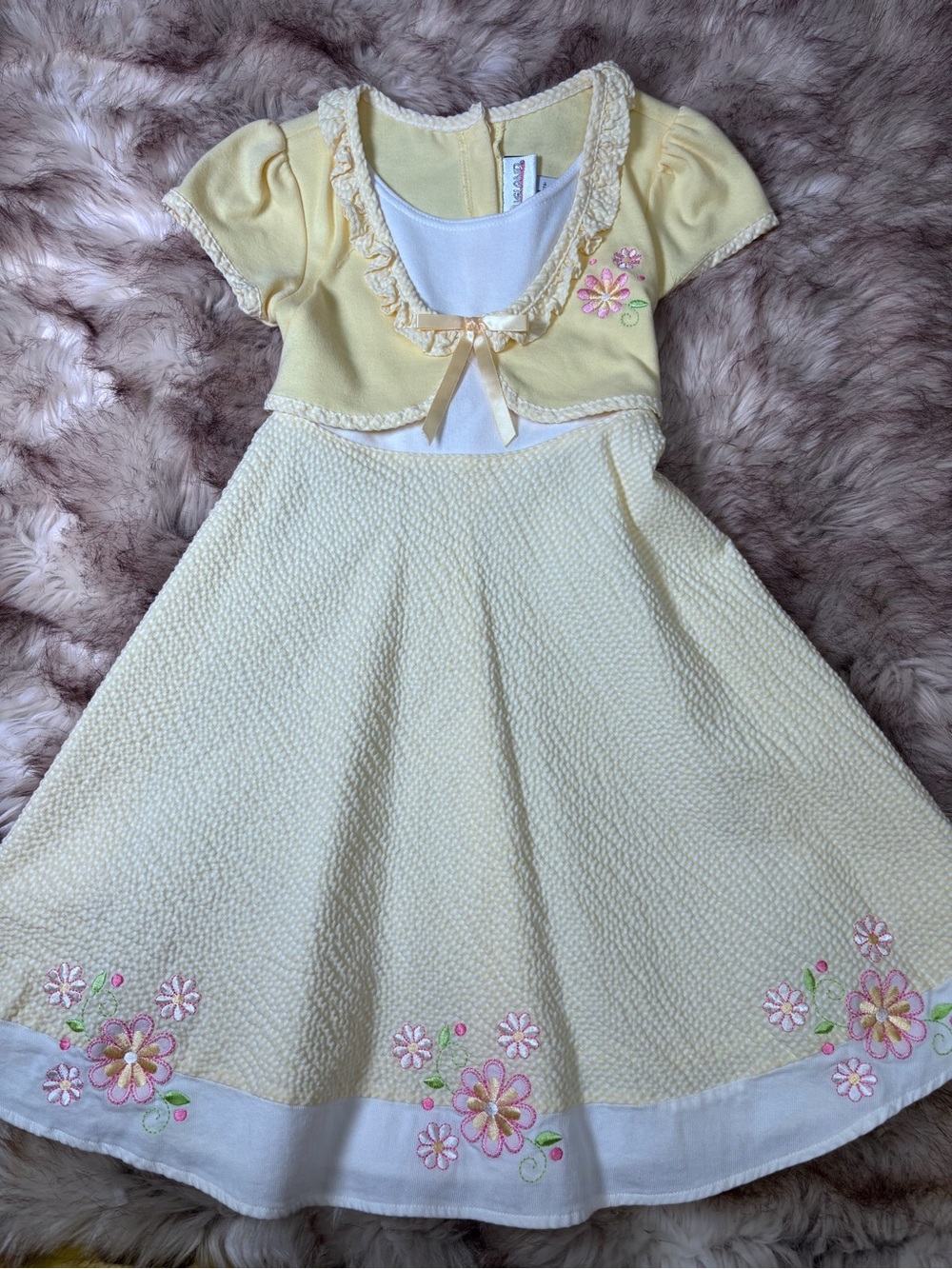 Youngland Yellow Floral Dress with Pink & Green Embroidery